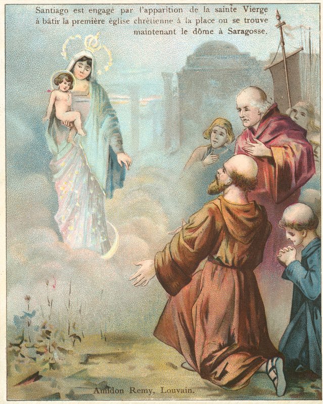 St James the Great ser en vision av Jungfru Maria i Zaragoza (chromolitho) av Belgian School