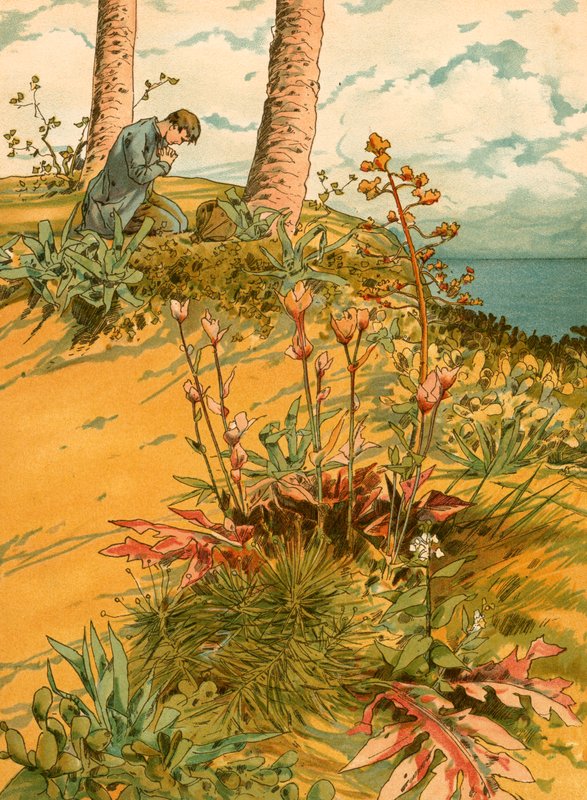 Robinson Crusoe vid bön i sin "kyrka" av Carl Marr
