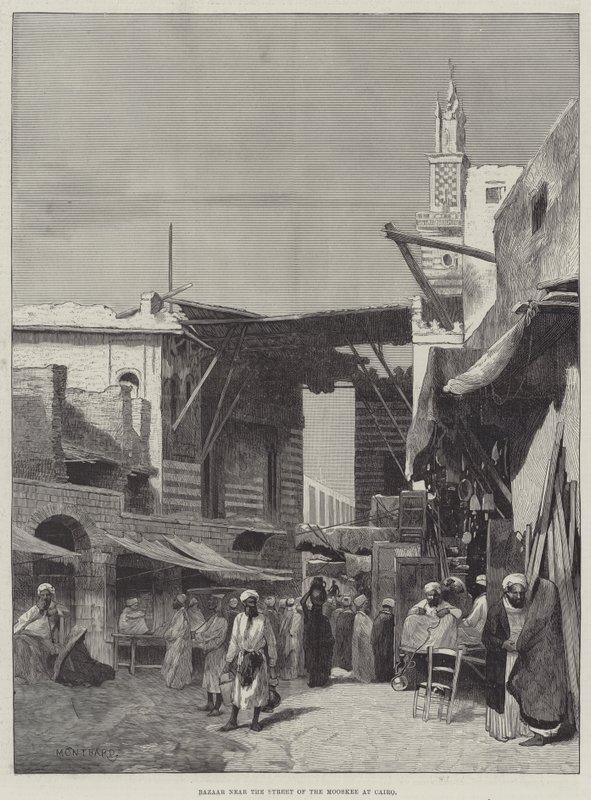 Bazaar nära Mooskee-gatan i Kairo av Charles Auguste Loye