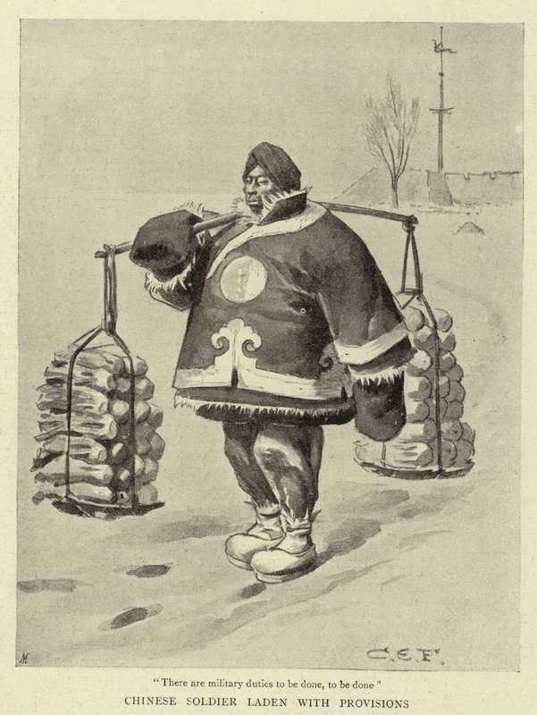 Kinesisk soldat lastad med proviant av Charles Edwin Fripp