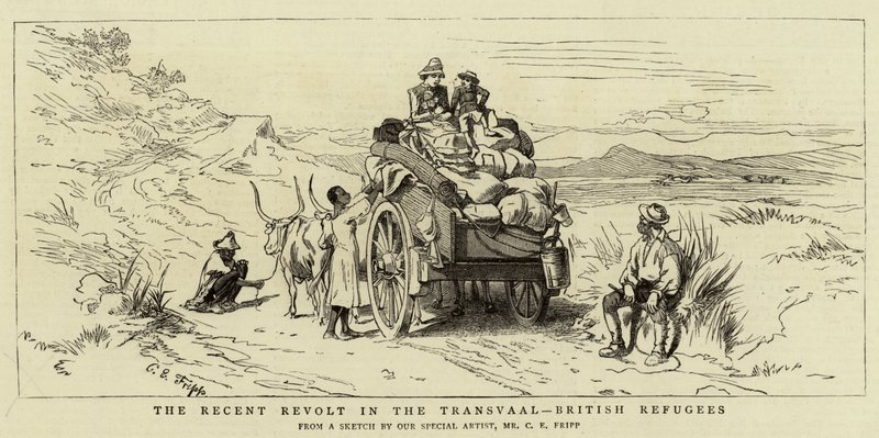 Den senaste revolten i Transvaal, brittiska flyktingar av Charles Edwin Fripp