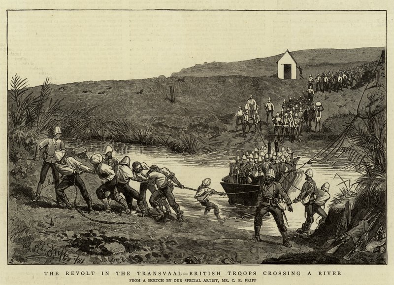Revolten i Transvaal, brittiska trupper som korsar en flod av Charles Edwin Fripp