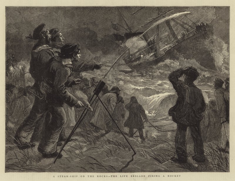 A Steam-Ship on the Rocks, Life Brigade avfyrar en raket av Charles J. Staniland