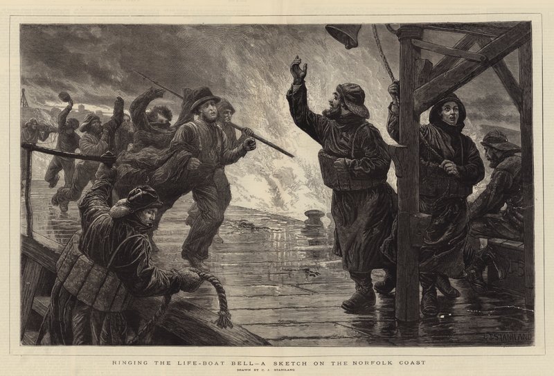 Ringer livbåtsklockan, en skiss på Norfolkkusten av Charles J. Staniland