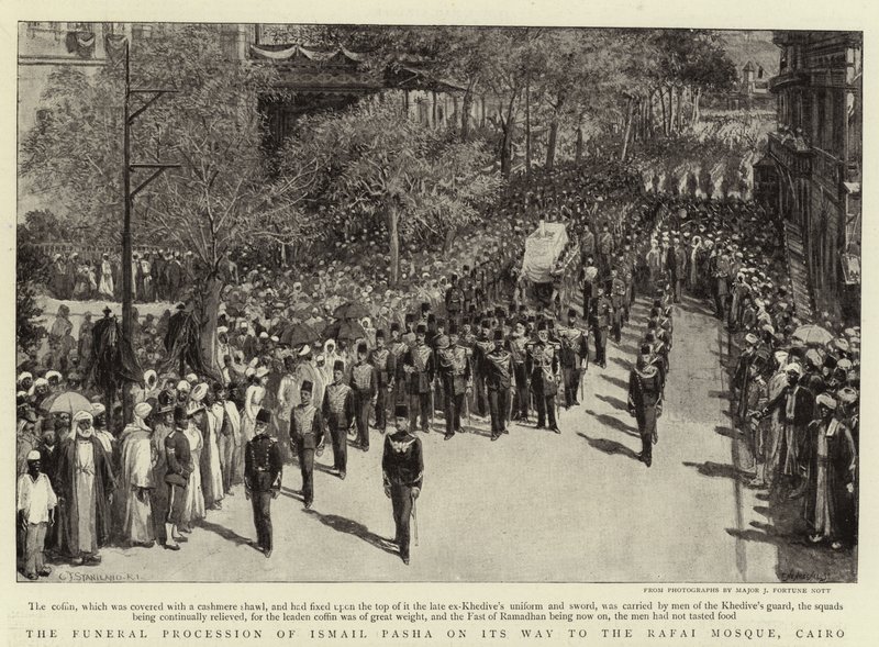 Ismail Pashas begravningsprocession på väg till Rafaimoskén i Kairo. av Charles J. Staniland