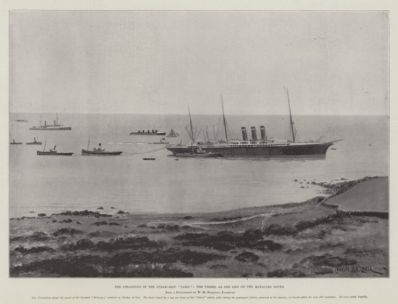 Ångfartyget Paris strandar, fartyget ligger på Manacles Rocks. av Charles John de Lacy