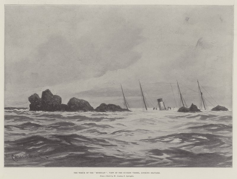 The Wreck of the Mohegan, View of the Sunken Vessel, lookward Seaward av Charles John de Lacy