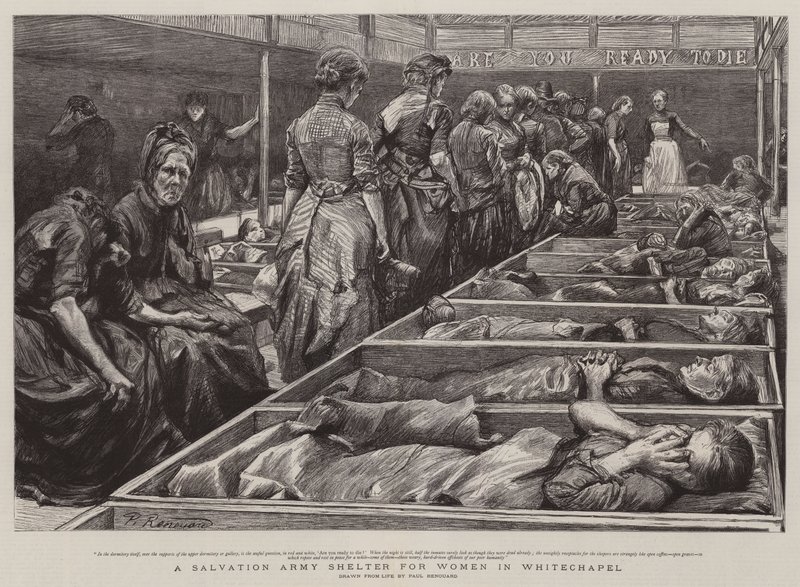 Ett skyddsrum för kvinnor från Frälsningsarmén i Whitechapel av Charles Paul Renouard