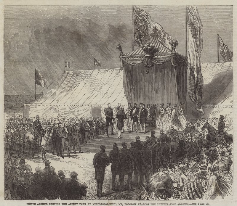 Prins Arthur öppnar Albert Park i Middlesborough, Mr Bolckow läser presentationsantalet av Sir John Charles Robinson