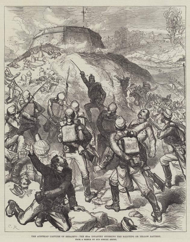 Österrikarnas erövring av Serajevo, 46:e infanteriet stormar Saluting eller Yellow Battery. av Sir John Charles Robinson
