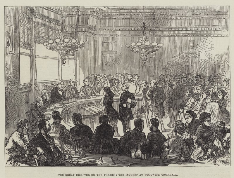 Den stora katastrofen på Themsen, undersökningen vid Woolwich Townhall av Sir John Charles Robinson