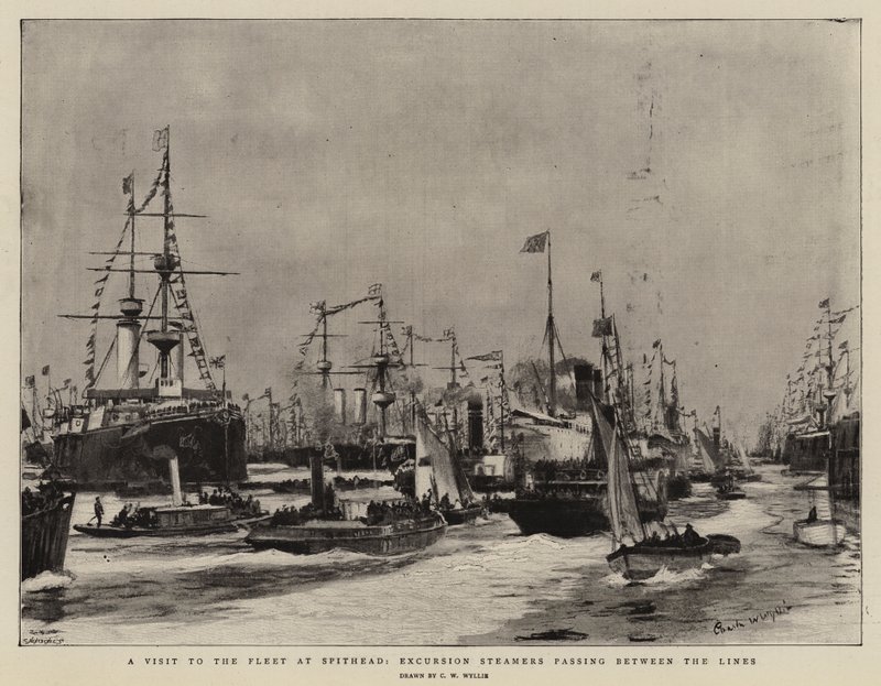 Ett besök på flottan vid Spithead, utflyktsångare som passerar mellan linjerna av Charles William Wyllie