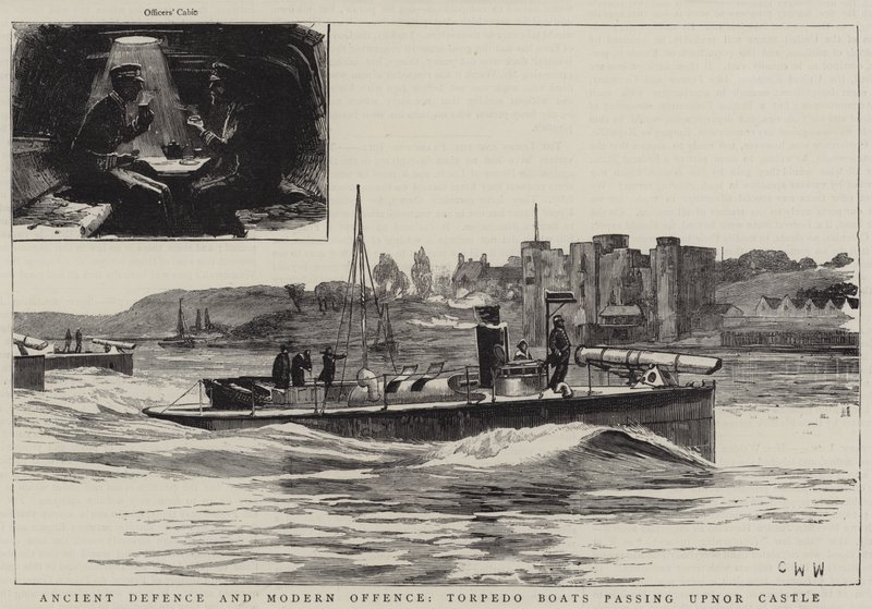 Forntida försvar och moderna brott, torpedbåtar som passerar Upnor Castle av Charles William Wyllie