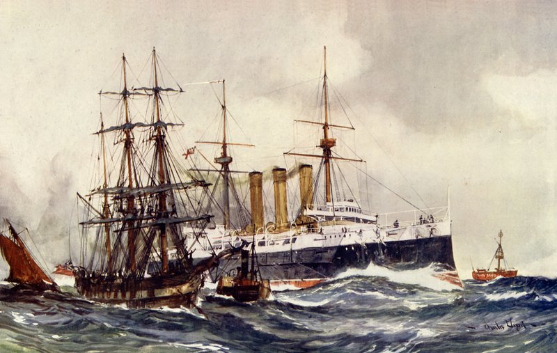 HMS Kent passerar South Sand Lightship av Charles Edward Dixon