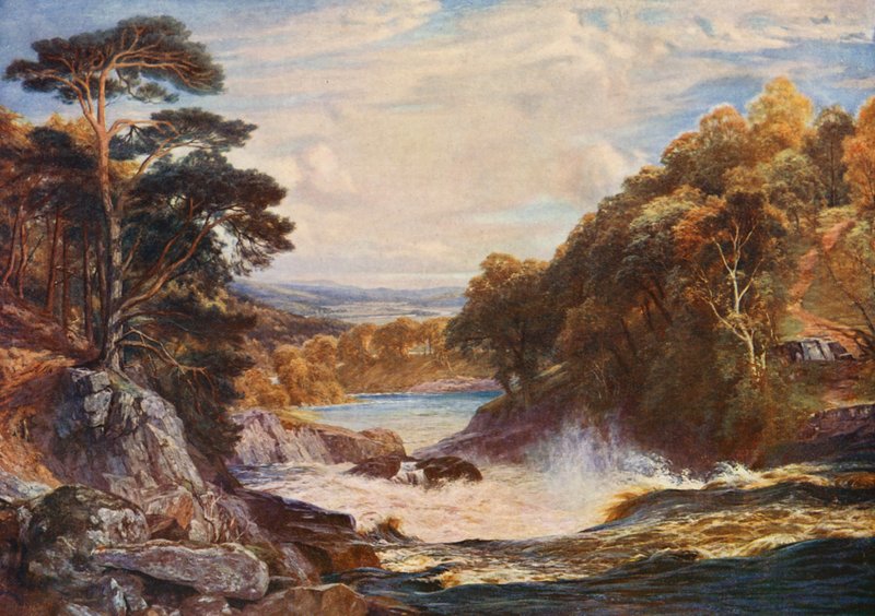 Falls of Tummel (färglitografi) av Charles Edward Johnson