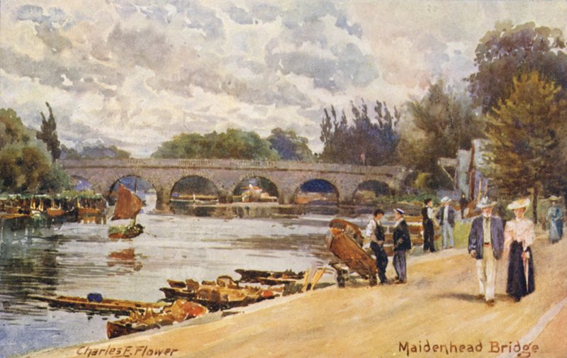 Floden Themsen: Maidenhead Bridge (färglitografi) av Charles Edwin Flower