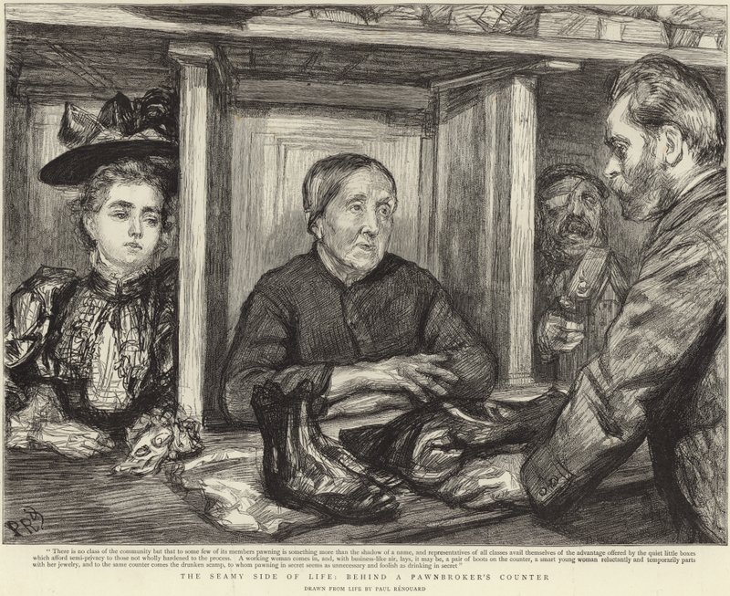 Bakom en pantbanksdisk (litho) av Charles Paul (after) Renouard