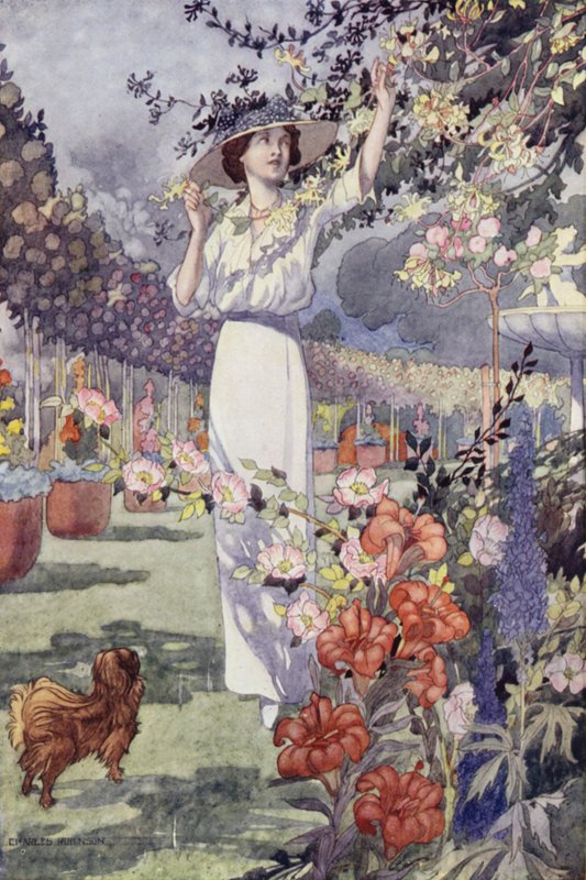 Our Sentimental Garden: The Hemicycle (färg litho) av Charles Robinson