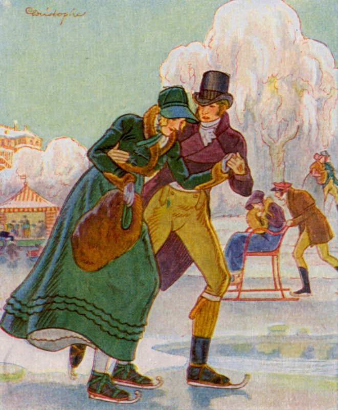 Skridskoåkning / Skridskoåkning (färglitografi) av Christophe (1856 1945)
