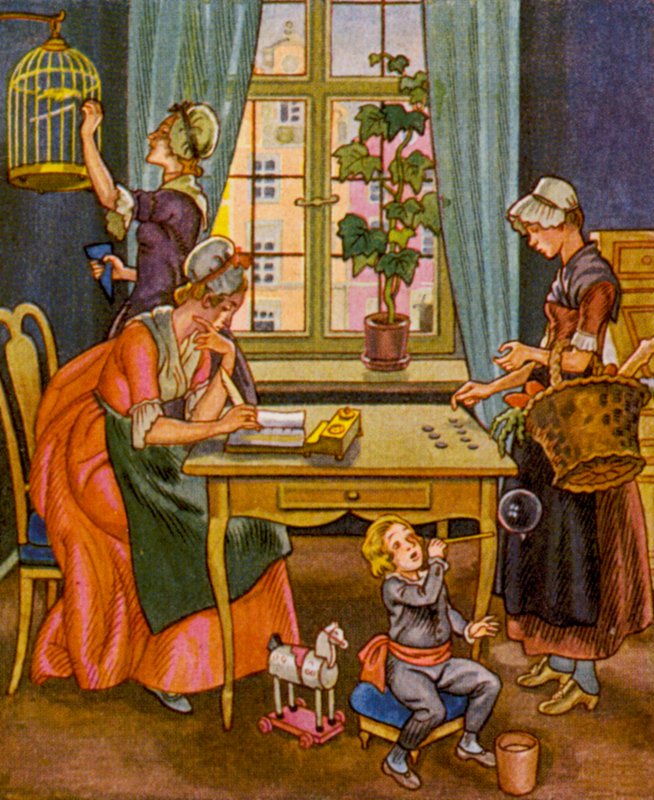 Haushaltsabrechnung / Hushållsredovisning (färglitografi) av Christophe (1856 1945)