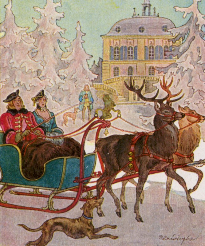 Hirschschlitten / Hjortsläde (färglitografi) av Christophe (1856 1945)