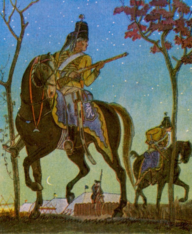 Husarenvorposten / Hussar Outpost (färglitografi) av Christophe (1856 1945)