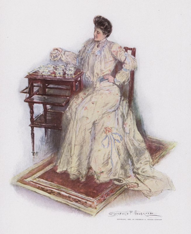 Över tekopparna (färg litho) av Clarence F. Underwood