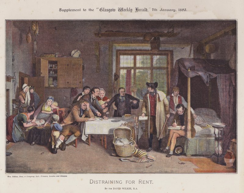 Distraining for Rent (färg litho) av David (after) Wilkie