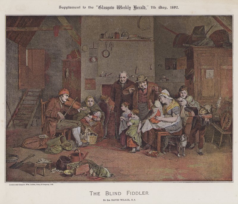 The Blind Fiddler (färg litho) av David (after) Wilkie