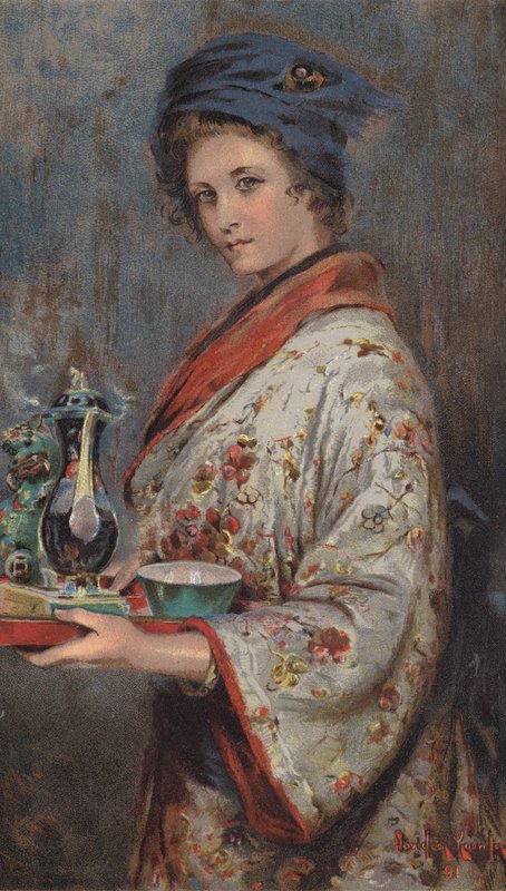 The Tea Girl (färglitografi) av Davidson Knowles