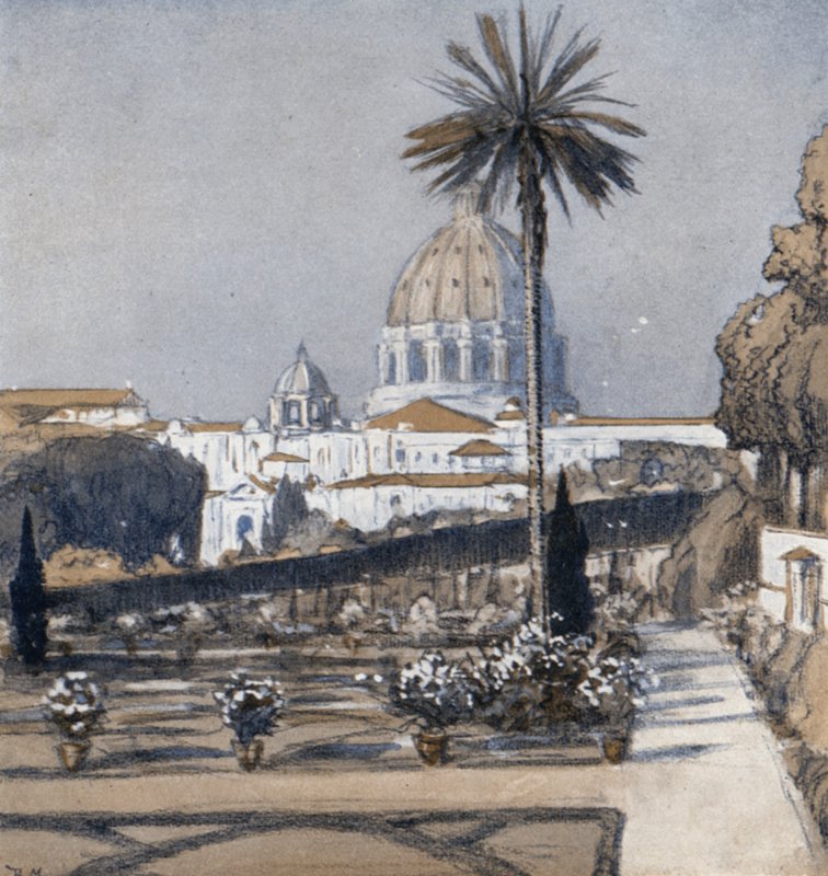 Vatikanträdgården (färg litho) av Donald (after) Maxwell