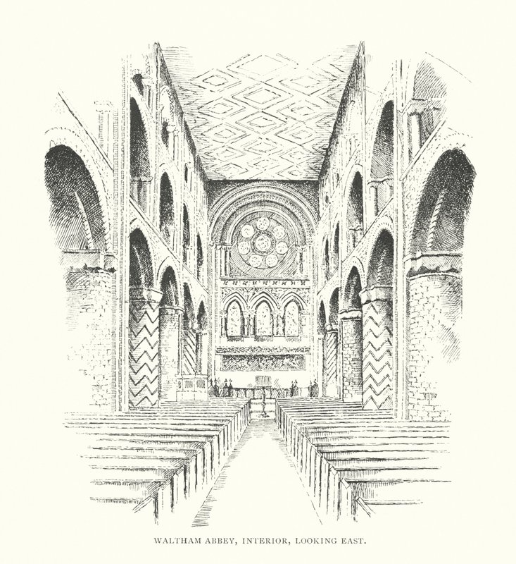 Waltham Abbey, interiör, vy mot öster (litografi) av Duncan Moul