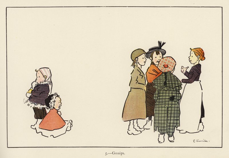Skvaller (färg litho) av Edith Farmiloe