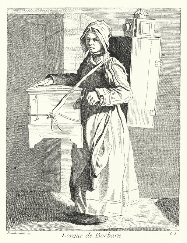 Barrel Organ Player (gravyr) av Edmé (after) Bouchardon