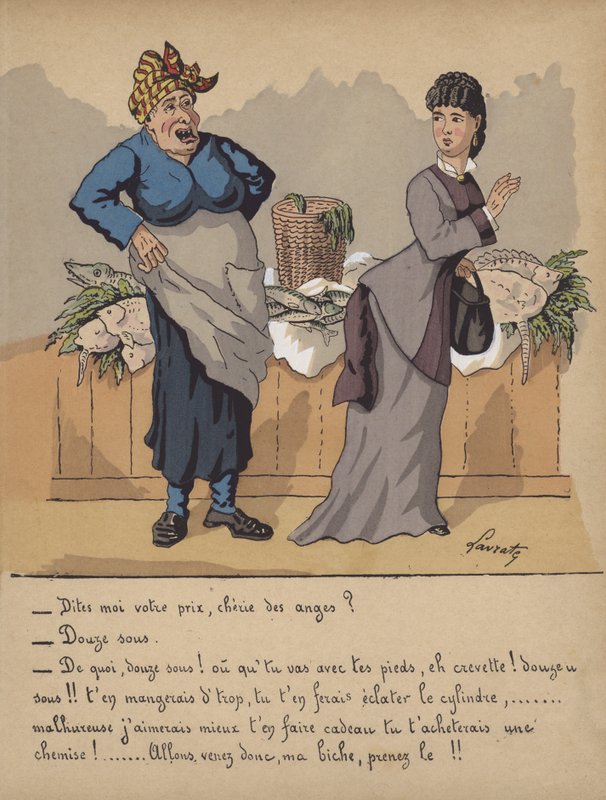 Samtal vid en fiskhandlare (färg litho) av Edmond Lavrate