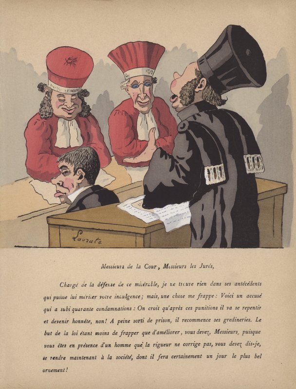 Rättssalsscen (lito i färg) av Edmond Lavrate
