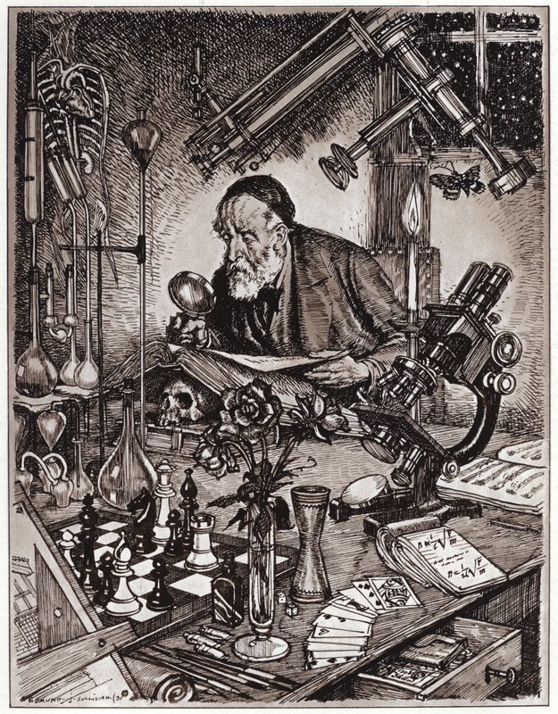 The Scientist at Work (litho) av Edmund Joseph Sullivan