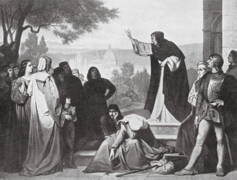 Savonarola predikar (litografi) av Edouard Jean Conrad (after) Hamman