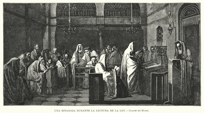 Synagoga under en Torahläsning (litho) av Edouard Moyse