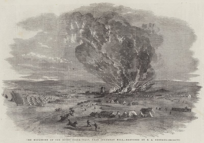 Explosionen av det högra belägringståget, nära Inkerman Mill av Edward Angelo Goodall