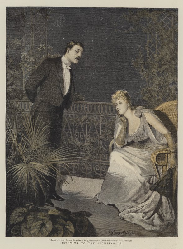 Lyssna på näktergalen (chromolitho) av Edward Frederick Brewtnall