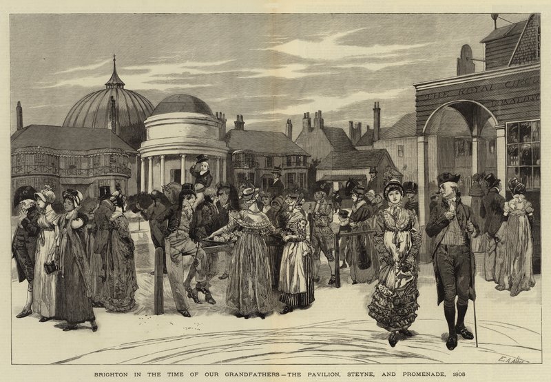 Brighton i våra farfars tid, paviljongen, Steyne och Promenade, 1805 av Edwin Austin Abbey