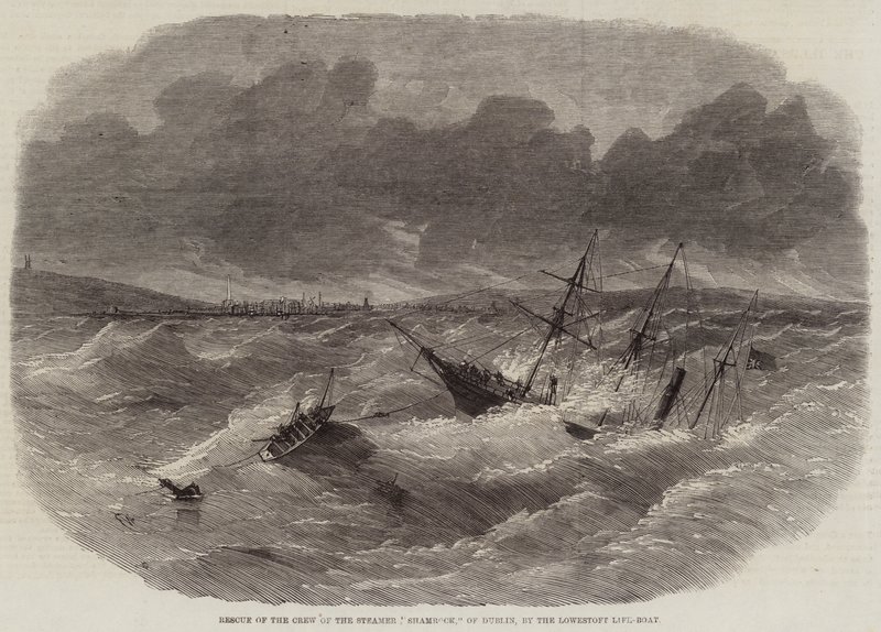 Lowestoft Life-boat räddar besättningen på ångfartyget Shamrock från Dublin. av Edwin Weedon