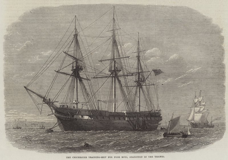 Utbildningsfartyget Chichester Training-Ship for Poor Boys, stationerat i Themsen. av Edwin Weedon