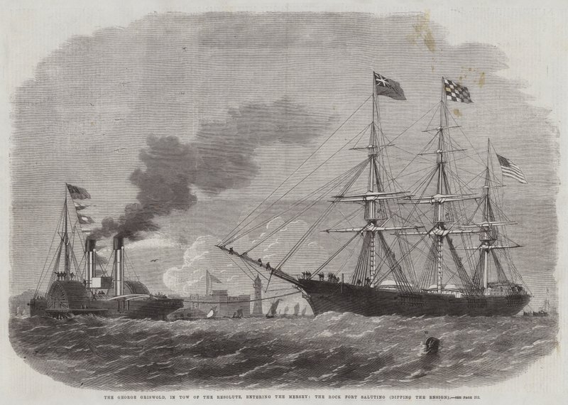 George Griswold, i bogser av Resolute, går in i Mersey, Rock Fort gör salut och doppar fänriken. av Edwin Weedon