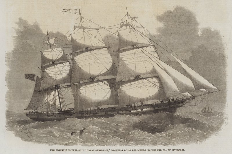 Det gigantiska klipperskeppet Great Australia, som nyligen byggdes för Messers Baines and Company i Liverpool. av Edwin Weedon