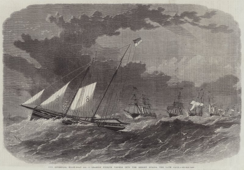 Liverpool Pilot-Boat nr 8, som leder tolv fartyg in i Mersey under den sena kulningen av Edwin Weedon