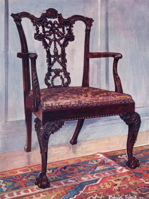 Fåtölj i mahogny--stil av Chippendale av Edwin John Foley