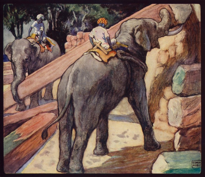 Elefanter som staplar teak (färg litho) av Edwin Noble
