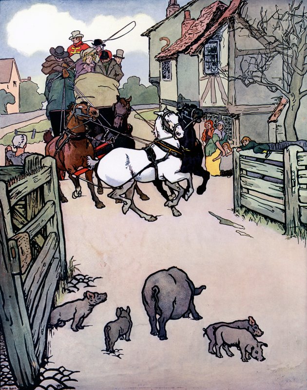 Problem vid vägbanan (färg litho) av Edwin Noble